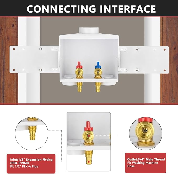 EFIELD Double Drain 1/2 Inch PEX-A Expansion Connection x 3/4 Inch MHT Washing Machine Outlet Box,(WM044)