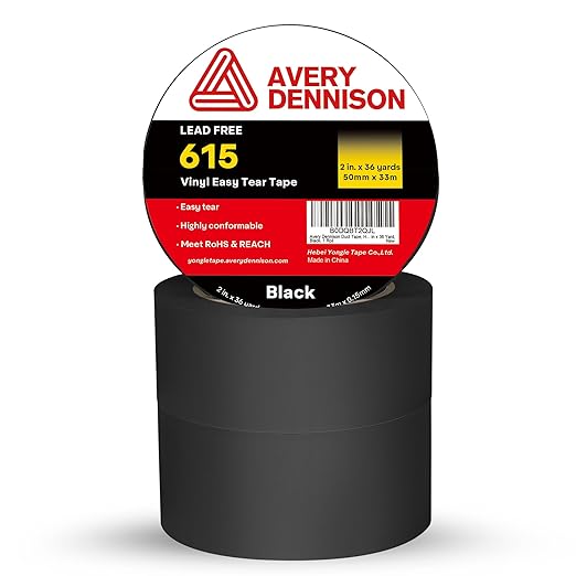 Avery Dennison Duct Tape, Heavy Duty PVC Easy Tear Tape, Strong Adhesive Waterproof Duct Tape for Indoor Outdoor Repairs, 2 in x 36 Yard, Black, 3 Rolls
