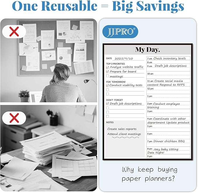 JJPRO Reusable Desktop Daily Planner with Stand,Hourly Dry Erase Board,11"x8.5"Schedule Board,Dry Erase Time Schedule with Time Slots, Desk Hourly Dry Erase Board w/Engineered Wood Stand