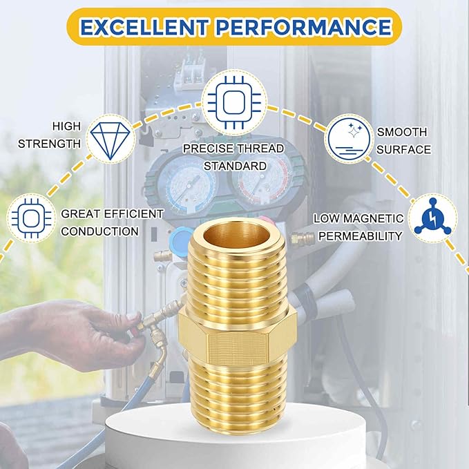 8 Pack Brass Pipe Fittings, 1/4" Male NPT to 1/4" Male NPT Brass Hex Nipple, Male Pipe Adapter Reducer for Air, Oil, LP