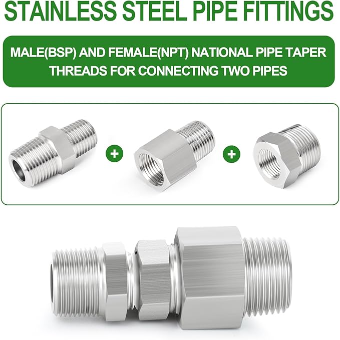 TAISHER 2PCS Forging of 304 Stainless Steel Reducer Hex Bushing, 1/2" BSP Male x 3/8" NPT Female, Reducing Forging Pipe Adapter Fitting