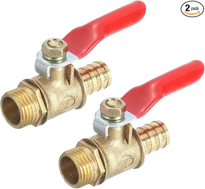 uxcell 2Pcs Brass Water Mini Ball Valve Shut Off Switch, G1/4" Male x 3/8" Hose Barb, 180 Degree Operation Handle, Brass Valve