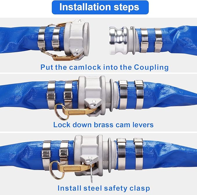 Lay-Flat Pool Backwash Hose - 2" x 100Ft with Aluminum Camlock C & E Fittings Reinforced Heavy Duty PVC Discharge Hose Weather-Proof Vinyl Pool Drain Hose for Water Transfer