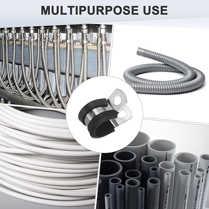12-Pack Cable Clamps, 15/32 Inch/ 12 mm 304 Stainless Steel Rubber Cushioned Insulated Cable Clamp R Shape Metal Holder for Tube/Wire/Pipe/Loop Installation