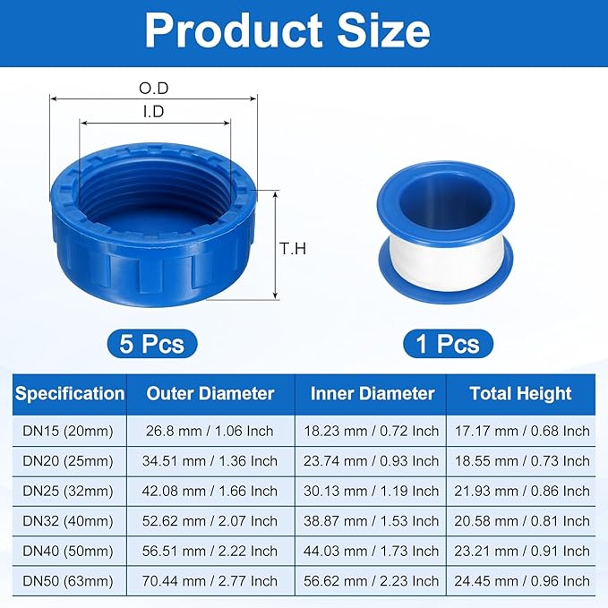 uxcell 5Pcs 1-1/4 Inch PT Female Thread PVC Pipe Fitting Cap, Cleanout Water Drain End Caps, Pipe Plug Socket Fittings with Tape for Water Heater Supply Lines, Plumbing, Blue