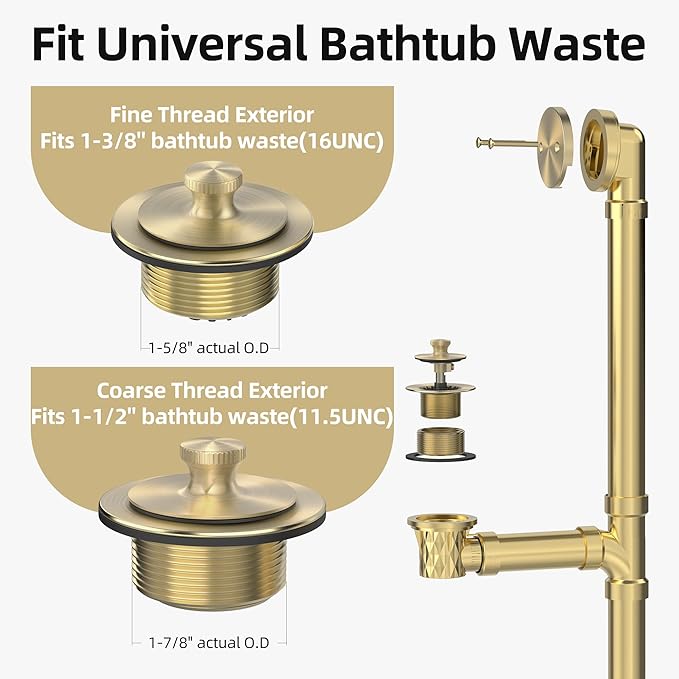 Brushed Gold Bathtub Drain, Hair Catcher and 2-Hole Overflow Faceplate, 11.5/16 UNC, Lift and Turn Bathtub Drain Replacement, Tub Drain Stopper