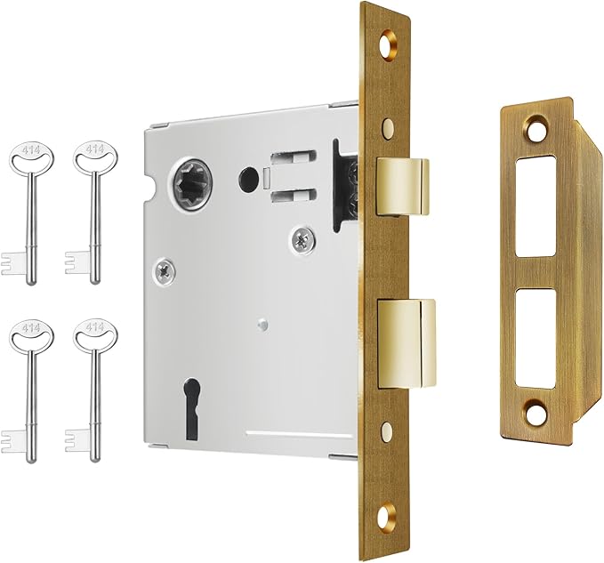 Mortise Lock Set Interior Door, Old Door Lock Replacement Parts, Antique Vintage Door Lock Hardware, Skeleton Keys and Reversible Latch, Mortise Lock Kit, Antique Brass Finish