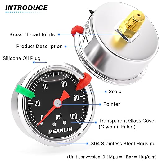 MEANLIN MEASURE 0~100Psi Stainless Steel 1/8" NPT 1.5" FACE DIAL, Glycerin Filled Pressure Gauge, Liquid Filled, Back Mount with 2PCS Snaps (Black)