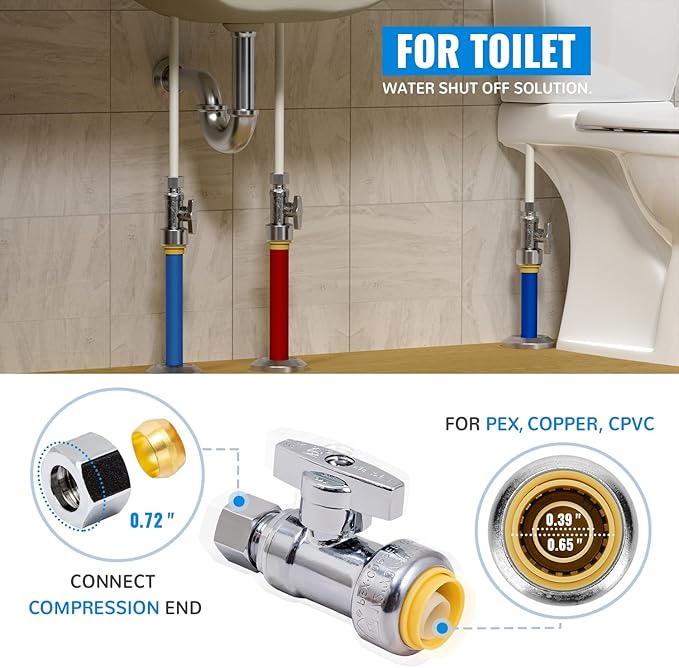 Straight Stop Valve, 6-Pack SUNGATOR Straight Water Shut Off Valve 1/2 x 3/8 Inch Compression, Toilet Water Shutoff, 1/4 Turn, No Lead Brass Push-to-Connect Plumbing Fittings for PEX Pipe, Copper,CPVC