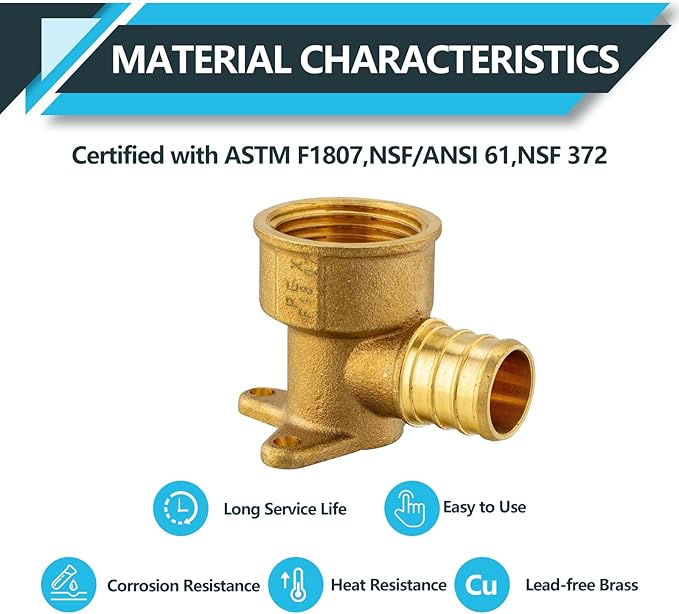 (50-Pack) PEX Fittings, Pex 3/4"x3/4" Female Threaded NPT Drop Ear Elbow Adapter, Brass Crimp Fittings, for PEX Tubing Pipe Plumbing, ASTM F1807(PEX1807169-50Pack)
