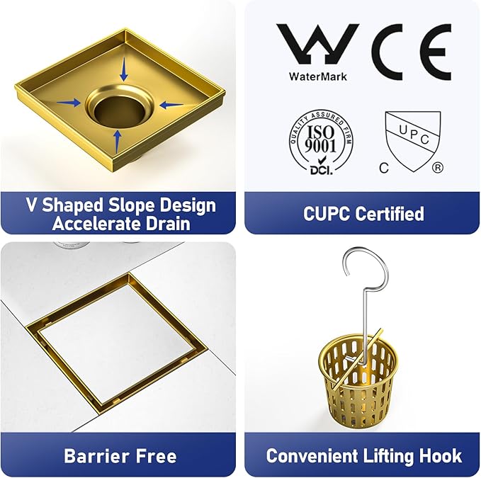 Square Shower Drain 6" with 2" PVC Flange Base, 304 Stainless Steel Tile in Floor Drain w/Tiled Insert Grate & Hair Catcher, CUPC Certified(Brushed Gold, 6'')
