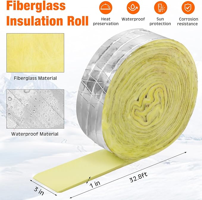32 ft Pipe Insulation Foam Tape, 32 ft Foil Electric Pipe Hose Wrap, 6ft Heating Cable Automatic Electric Heat Kit Built in Thermostat for Outdoor Winter Hot Cold Water Pipe