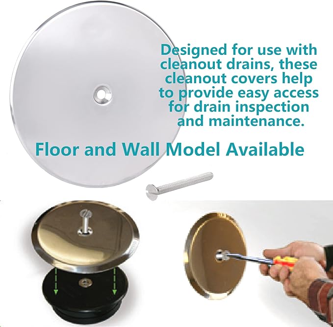 7" Decorative Cleanout Access Covers Plate, Flat Design Cover and Seals CO2530-SS7 For Back Deck Drains and Plug Hole with Large Center Securing Screw, Stainless Steel, Round