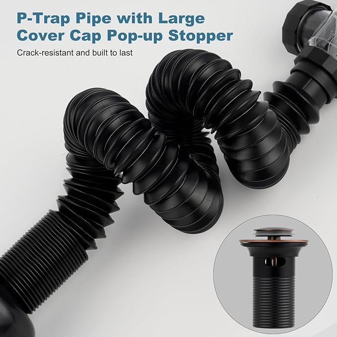 iFealClear Bathroom Sink Drain Kits, Flexible P-Trap Drain Pipe with Pop Up Stopper, Bathroom Sink Pipe Replacement with 2 Adapters, Fits 1-1/4'', 1-1/2'', 2" Holes, Hair Catcher, Oil Rubbed Bronze