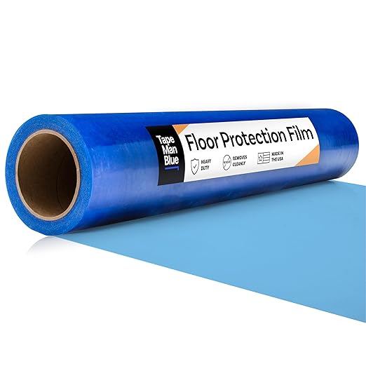 TapeManBlue Floor Protection Film, 48" x 200', Made in USA, Blue Self Adhesive Floor Protector Tape for Moving, Painting and Construction, Temporary Covering to Shield Hardwood, Tile, Hard Surfaces