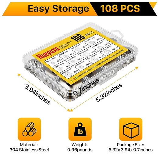 108PCS Flat Washers Assortment Kit, 304 Stainless Steel Fender Washers, 12 Sizes (M3 M4 M5 M6 M8 M10 M12) Metric Metal Washers for Screws and Bolts, Automotive Industrial Home Use