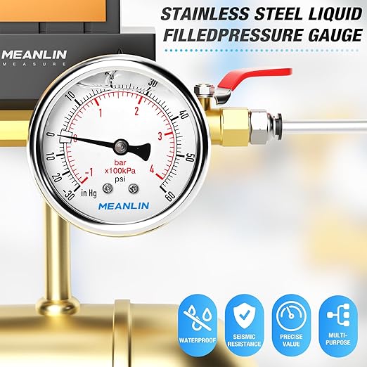 MEANLIN MEASURE -30inHG~60Psi Stainless Steel 1/4" NPT 2.5" FACE DIAL Vacuum Pressure Gauge, Center Back Mount, 1/2" NPT and 3/8" NPT Hex Bushing