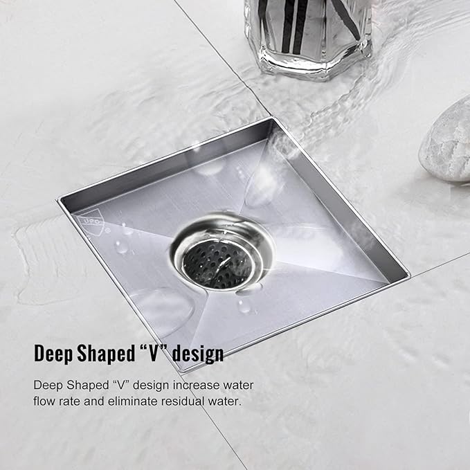 Square Shower Drain, Shower Drain 6 inch with Removable Grate Cover, Corrosion Resistant AISI 304 Stainless Steel Shower Floor Drain with Hair Catcher