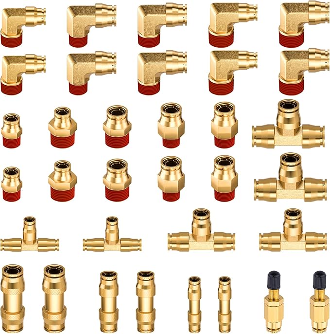 34 Pcs Brass DOT Air Brake Line Fittings Assortment 1/4" 3/8" 1/2" Air Line Quick Connect Fittings Push to Connect Air fittings Kit with NPT Thread for Semi Trucks or Industrial Air System