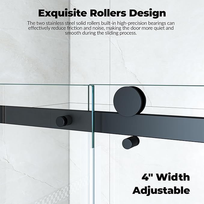 Frameless Sliding Shower Door Enclosure - 44 to 48 Inch Adjustable Width x 76Inch Height, 8mm Coated Tempered Safety Glass with Easy Clean, Square Stainless Steel Rail, Matte Black for Modern Bathroom