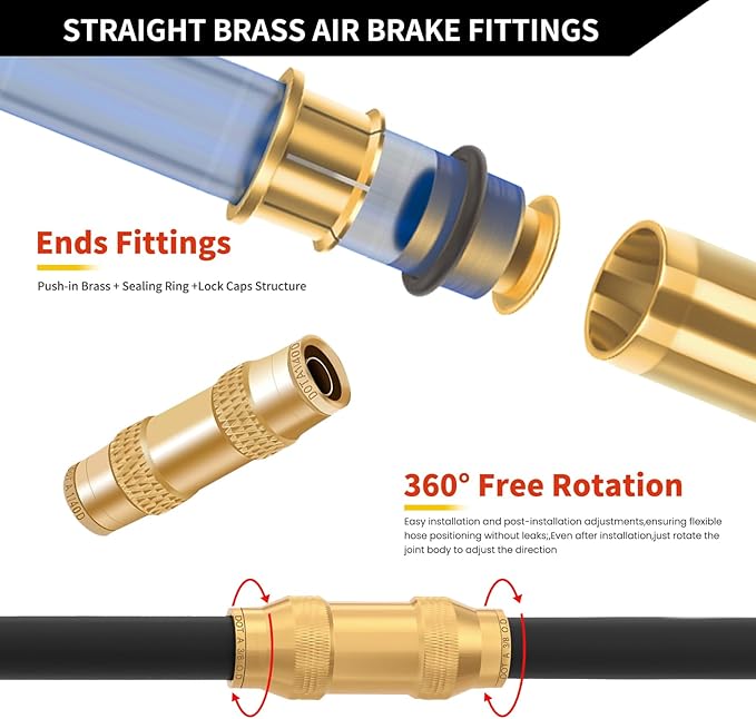 1/4" Brass Push to Connect Fittings Straight Union Dot Approved Air Brake Quick Connect Fittings Air Line Fittings Air Suspension Kit for Truck Trailers and Air Brake System 2Pcs