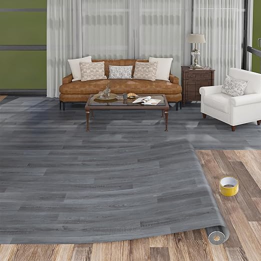 Freshtour Vinyl Flooring Roll, Versatile Removable PET Leather-Like Floor Covering, Waterproof & Durable, Easy Tape Installation, Cost-Effective for Any Room, Dark Grey Oak/ 53.82 Sq.ft (39.3" x 197")