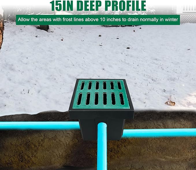 Catch Basin for Drainage with Fiber Glass Grate-18x18x15 in. Large Drainage Basin with Debris Basket,A15 French Drain Basin Without Reserved Hole for Yard,Downspout,Lawn,Municipal Pipeline