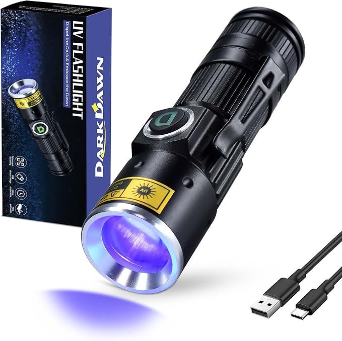 DARKDAWN UV 365nm Black Light Flashlights USB Rechargeable, Wood's Lamp Ultraviolet LED Portable Mini, Blacklight for cat Urine Detection Dry Stains, Uranium Glass, Leak Detection, D15 365 nm