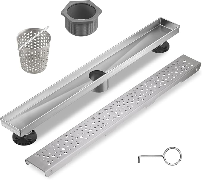 Linear Shower Drain 28 Inch, Bubbles Shower Drain SUS-304 Stainless Steel, 51L/Min Fast Drainage Floor Linear Drain, US Standard CUPC Certified, Brushed Silver, SD-099