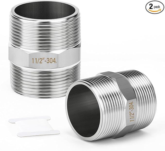 TAISHER 2PCS 304 Stainless Steel New Hex Nipple, 1-1/2" NPT Male x 1-1/2" NPT Male, Pipe Adapter Fitting
