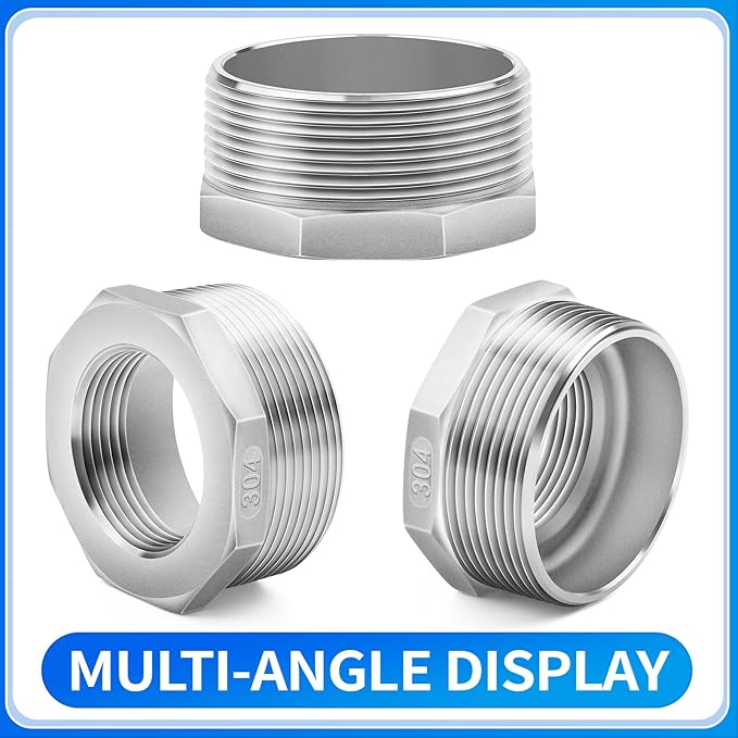 ChillWaves 304 Stainless Steel Pipe Fitting, Reducer Hex Bushing 2" NPT Male x 1-1/2" NPT Female Thread Adapter(2-PACK)