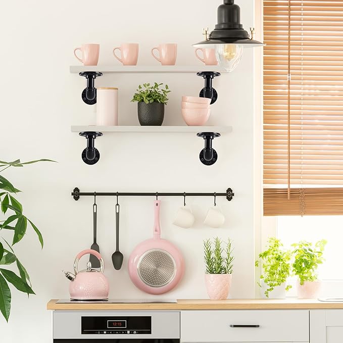 L-Shaped Industrial Pipe Shelf Brackets, Black Metal Wall-Mounted Floating Shelf Supports for 8-14 Inch Plates, Heavy-Duty DIY Rack Supports (4-Pack)