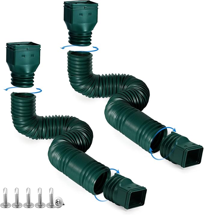 Green-2pack Rain Gutter Downspout Extensions Flexible, Drain Downspout Extender,Down Spout Drain Extender, Gutter Connector Rainwater Drainage,Extendable from 21 to 68 Inches
