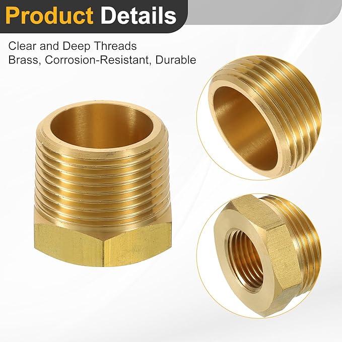 uxcell 1Pcs 3/4 BSPT Male x 3/8 NPT Female Brass Reducer Hex Bushing Threaded Pipe Fitting, Brass Threaded Pipe Fitting Adapter for Water, Gas, Oil Pipeline Systems