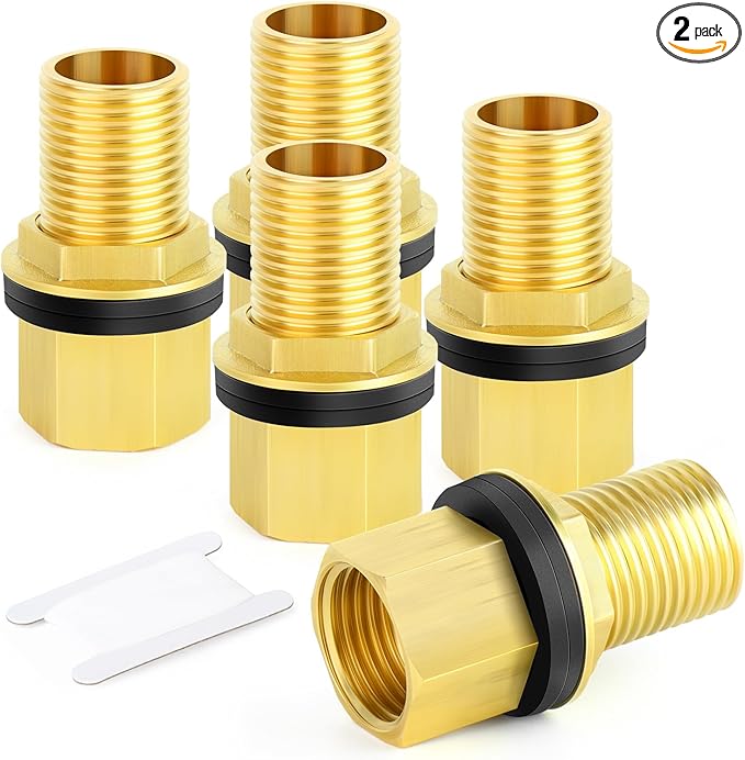 GASHER 2PCS Brass 1/2" Female 1/2" Male Bulkhead Tank Connector Adapter Fitting with Rubber Ring