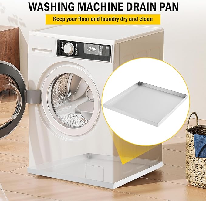 27" x 25" Washing Machine Drain Pan, 304 Stainless Steel Heavy Duty Washer Drip Tray with 4 Anti-Vibration Feet for Compact Washers