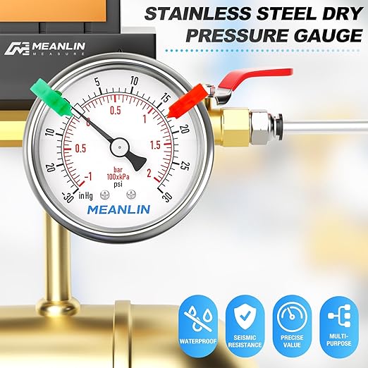 MEANLIN MEASURE -30inHG~30Psi Vacuum Gauge Stainless Steel 1/4" NPT 2" FACE DIAL Waterproof for Air Compressor HVAC Negative Pressure Hand Pump Pool Center Back Mount (with 2PCS Snaps)