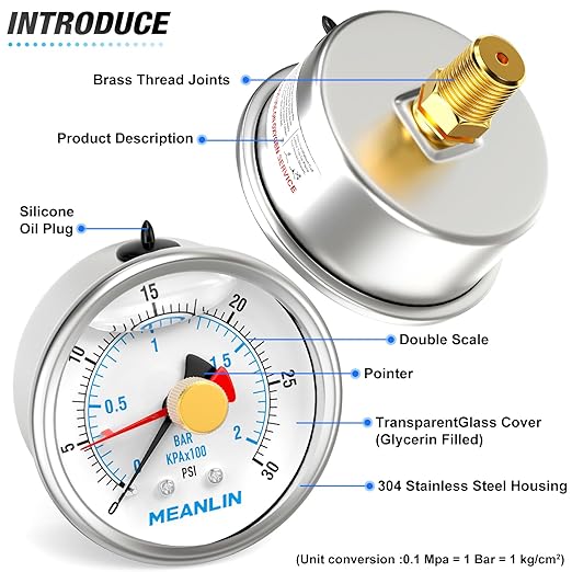 MEANLIN MEASURE 0~30Psi Stainless Steel 1/4" NPT 2.5" FACE DIAL with Reset Pointer Liquid Filled Pressure Gauge WOG Water Oil Air, Back Mount, with Brass Hex Bushing