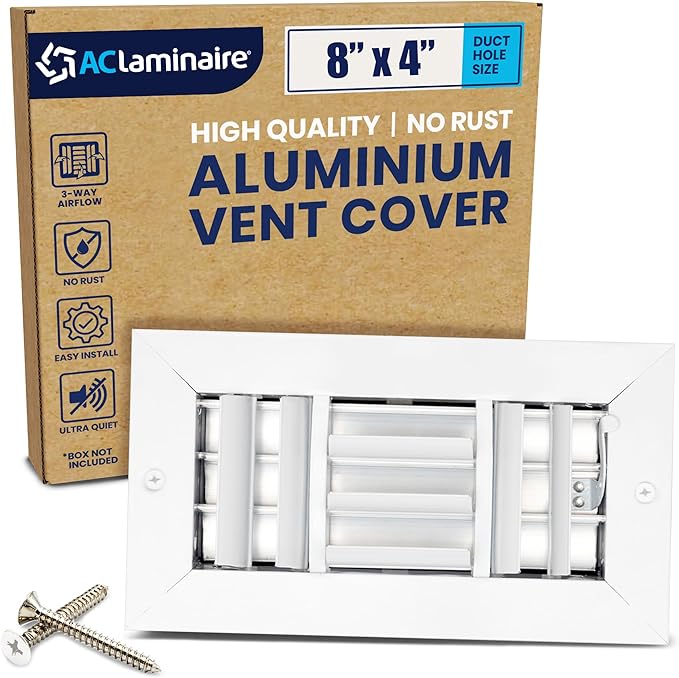 8x4 Inch (Duct Opening) Aluminum 3-Way Air Flow Vent – HVAC Vent Cover for Wall or Ceiling – Quiet HVAC Wall Register with Multi-Shutter Damper – Adjustable Curved Blade - Plastic Seal for Tight Fit