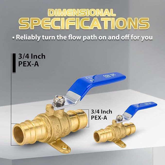 2-Pack Foskan 3/4" Brass PEX Expansion Drop Ear Ball Valve with Blue Handle, Full Port Shut-off Valve for Hot and Cold Water Distribution