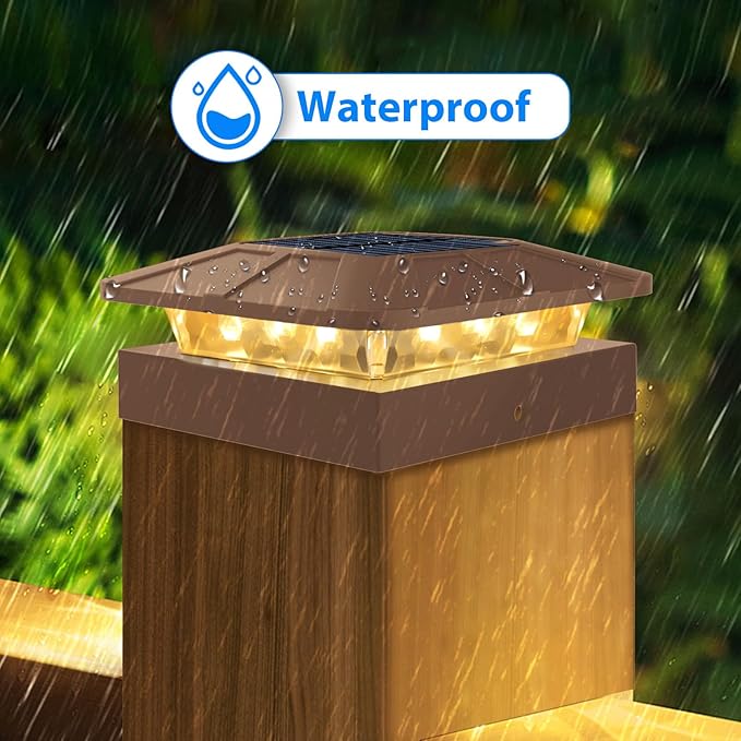 Peasur 4x4 Solar Post Cap Lights Outdoor with 3 Modes, Brown Fence Light Solar Powered Waterproof, Wood/Vinyl Deck Posts Lights for Deck Yard Garden Patio Porch Railing Outside