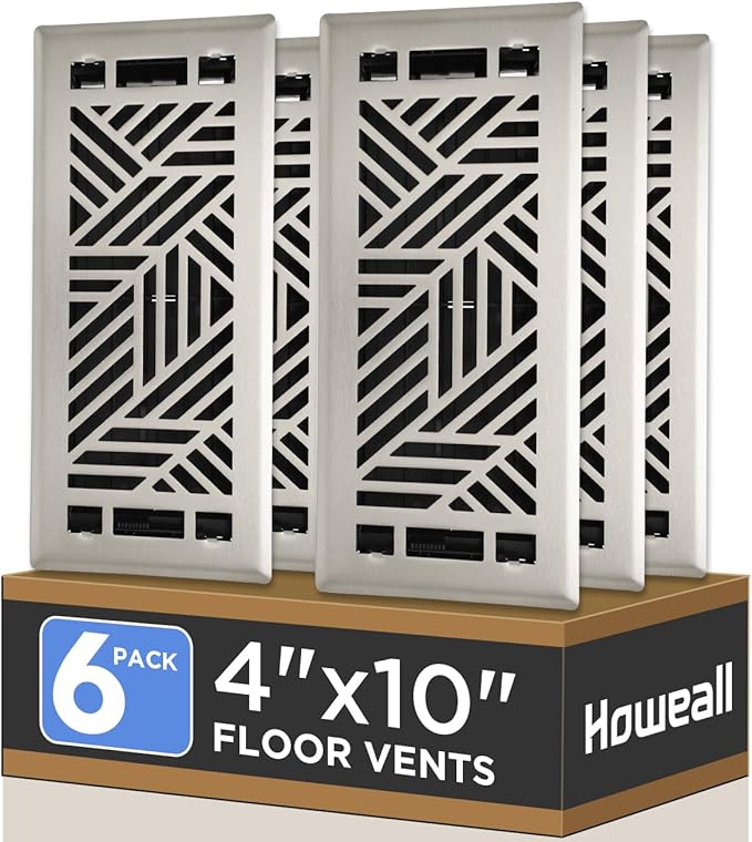 4x10 Inches 6 Pack Heavy Duty Walkable Floor Register Easy Adjust Air Supply Lever Floor Vents - Brooklyn Design - Vent Cover for Home Floor - Satin Nickel