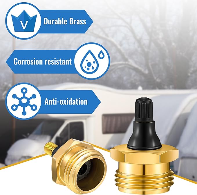 2 Pcs Brass Blow Out Plug for RV Antifreeze, Air Hose Compatible with Schrader Valve to Blow Out RV Water Lines, Winterization Valve for Campers, Motorhomes and Travel Trailers
