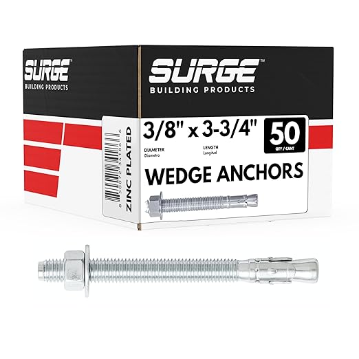3/8" x 3-3/4" Zinc-Plated Wedge Anchors for Concrete and Cement | Heavy-Duty 3/8 Concrete Anchors (Box of 50)