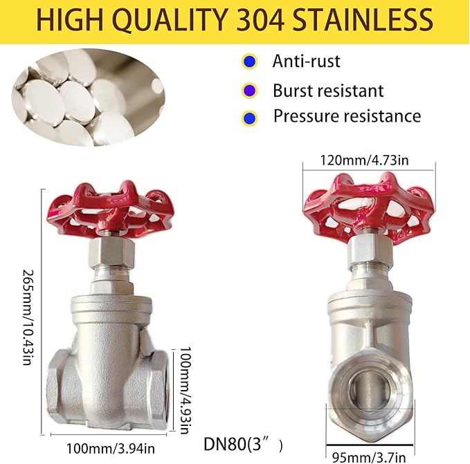 304 Stainless Steel Gate Valve,3" NPT Stainless Steel Female Threaded Rotary globe valve for water flow switches, fuel water vapor, air switches, for sump pumps and air compressors DN80
