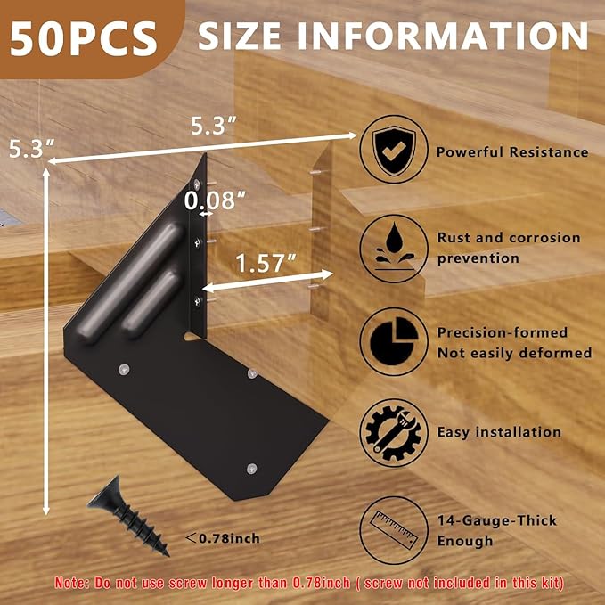 50pcs Hurricane Ties for Rafter, 14-Gauge Hurricane Straps Brackets Fit 2x4, 2x6 Truss to Rafter Connector, Hot Dip Galvanized Black Joist Hangers for Roofing Wood Timber, Hurricane Clips with Gloves