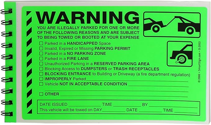 SmartSign Warning You are Illegally Parked Stickers | Book of 50 Labels with Liners, 5 x 8 inch, Tow Warning Parking Violation Sticker, Hard to Remove Write-On Tickets, Fluorescent Green