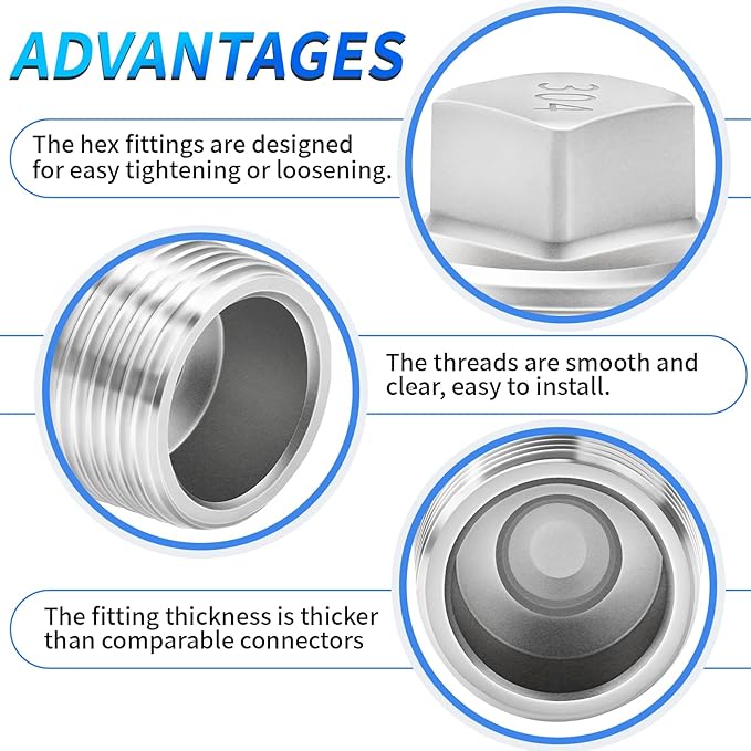 ChillWaves 304 Stainless Steel Pipe Fitting, Outer Square Head Socket Pipe Plug Fitting，3/4" NPT Male，Thread Adapter(6-PACK)