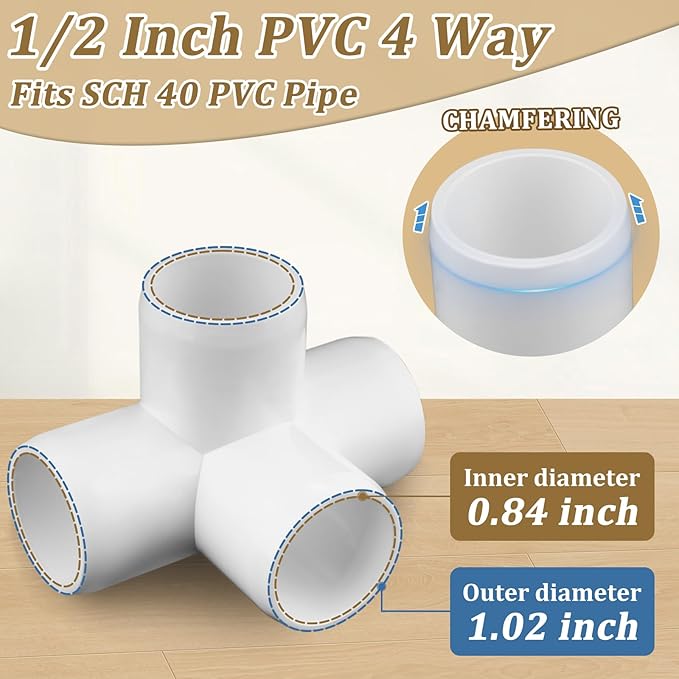 20-Pack 1/2" 4 Way PVC Fittings, Furniture Grade Pipe Fittings 4 Way for SCH40 PVC Pipe, UV Resistant, Pipe Connectors for All DIY Structure and Frames