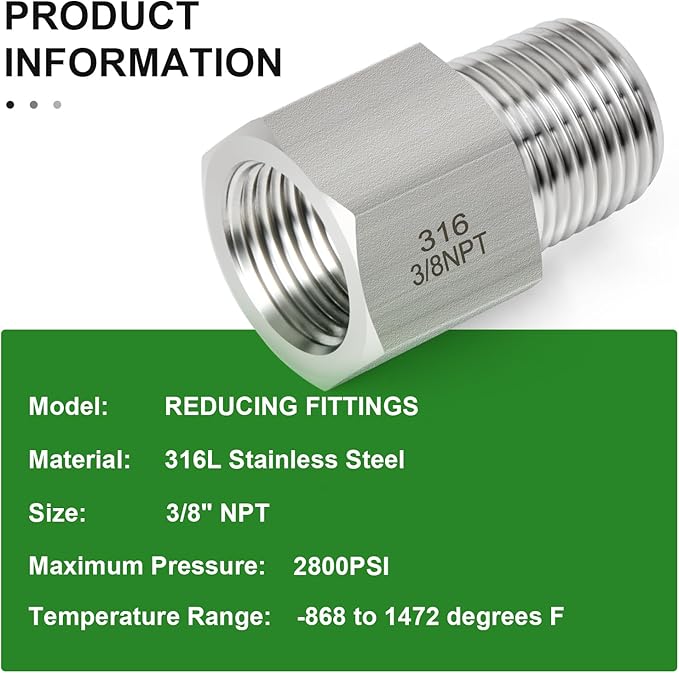 TAISHER 2PCS Forging of 316L Stainless Steel Pipe Fitting, Reducer Adapter, 3/8" NPT Male x 3/8" NPT Female, Reducing Pipe Adapter Fitting